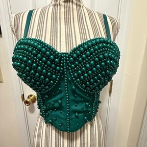 Emerald Green Pearl Beaded Bustier Top Corset Large NWT